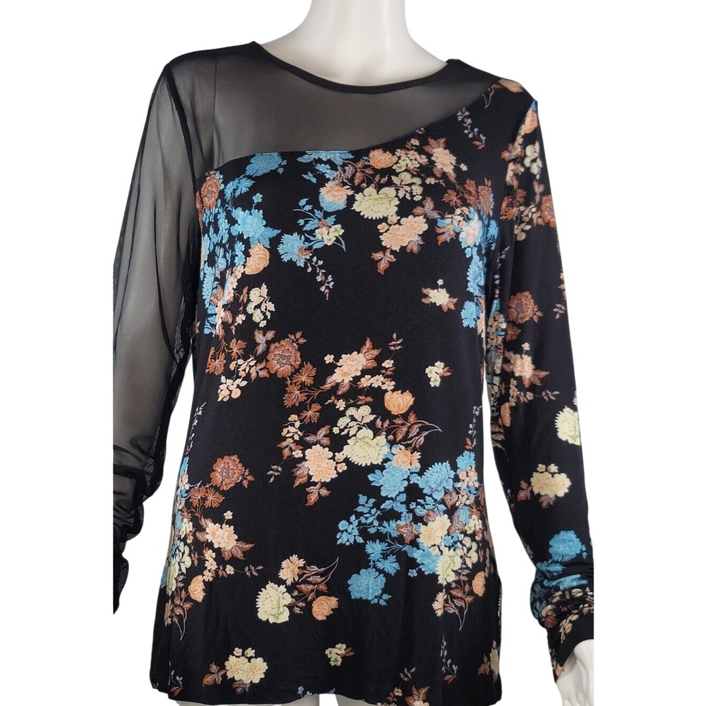 Venus Black Floral Mesh Yoke‎ Long-Sleeve Top